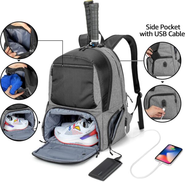 DSLEAF Tennis Backpack for 2 Rackets, Tennis Bag for Men/Women with Separate Shoe Space Hold A Pair of Shoes Up to US Mens 12and Multi-Pockets for Accessories