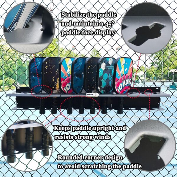 Pickleball Paddle Rack, 4/8/12-Paddle Holder, with Label to Track Next Up Players, Multiple Racks are Spliced to Achieve Expansion, Fence or Wall Mount, Steel, Black