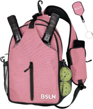 Pickleball Bag - Pickleball Bags for Women Men, Crossbody Sports Backpack – Adjustable Sling Bag with Hanging Fence Hook