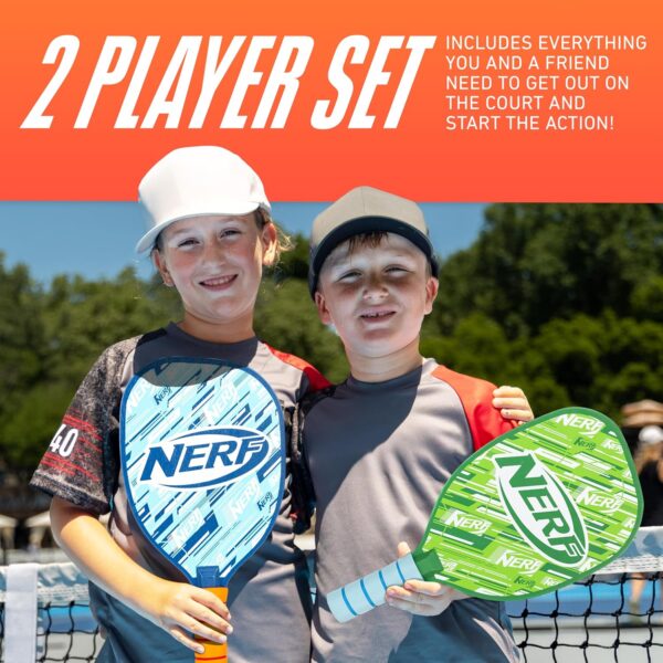 NERF 2 Player Pickleball Paddle Set - Youth Pickleball Equipment Set - (2) Wooden Paddles with Foam Grips + (2) Outdoor Balls for Kids - Carry Bag Included