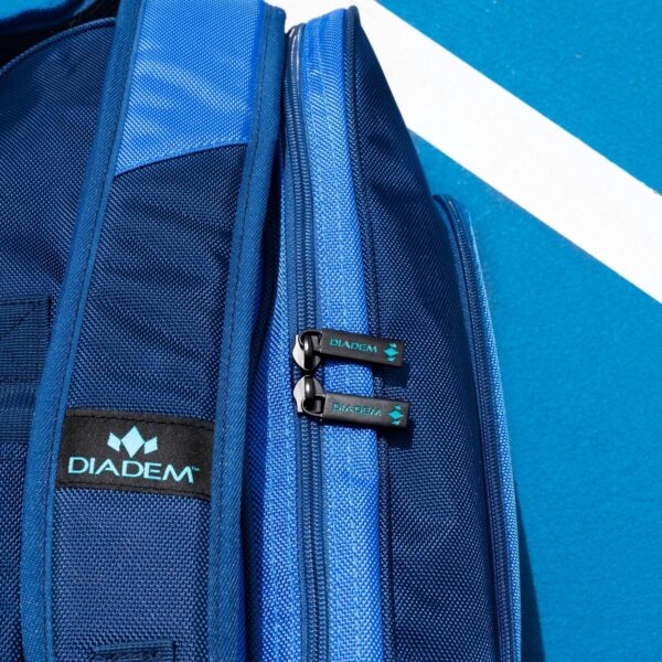 Diadem Tour V3 Paddle Backpack Bag - Spacious Pickleball Gear Bag with 10 Paddle Capacity | Shoe Compartment | Neoprene Side Pockets | Stylish and Durable | Blue with White Trim