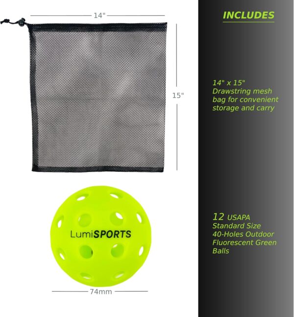 12-Pack Premium Outdoor Pickleball Balls | 40 Holes Fluorescent Green Balls | All-Surface Play | Crack-Resistance | Convenient Drawstring Mesh Bag | USAPA Official Size and Weight