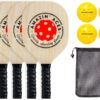Amazin' Aces Pickleball Wood Paddles Set of 4 or 2 - Wood Pickleball Rackets for All Levels, Includes 4 Wooden Pickleball Paddles with Comfy Cushion Grip, 4 Pickleball Balls, and 1 Pickleball Bag