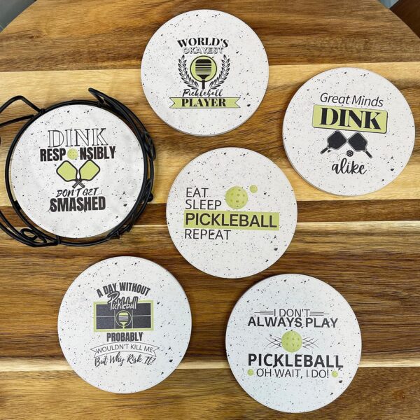 A1-JEXvgEQL._AC_SL1500_.jpg Pickleball Gifts for Women and Men - Appreciation Gifts - Absorbent Ceramic Coasters 6pc - Metal Holder & Cylinder Kraft Gift Box Included