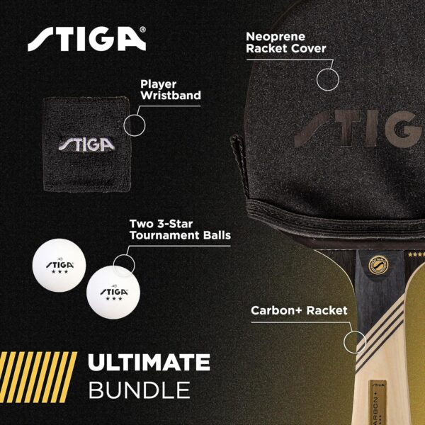 STIGA Carbon+ Bundle Ping Pong Paddle Set – 7-ply Extra Light Carbon Fiber Blade – 2mm Premium Sponge – Concave Pro Handle – 2 3-Star Tournament Balls – Neoprene Racket Cover – Player Wristband