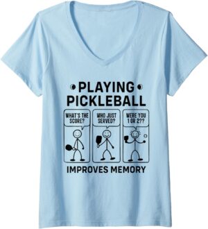 Womens Playing Pickleball Improves Memory – Cartoon Player Design V-Neck T-Shirt