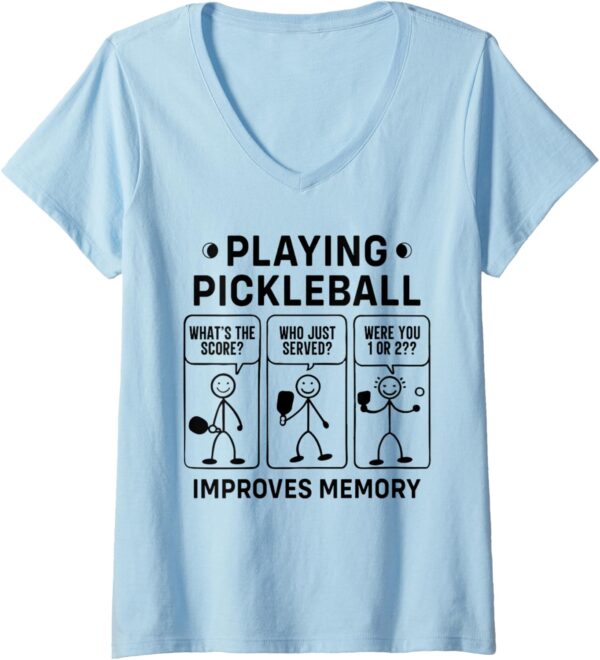 Womens Playing Pickleball Improves Memory – Cartoon Player Design V-Neck T-Shirt