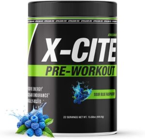 X-CITE Pre-Workout by ATHLEAN-X - Enhanced Formula with Beta-Alanine, Creatine & Caffeine for Ultimate Energy, Endurance, Focus & Muscle Pump, NSF Certified (22 Servings, Sour Blue Raspberry)
