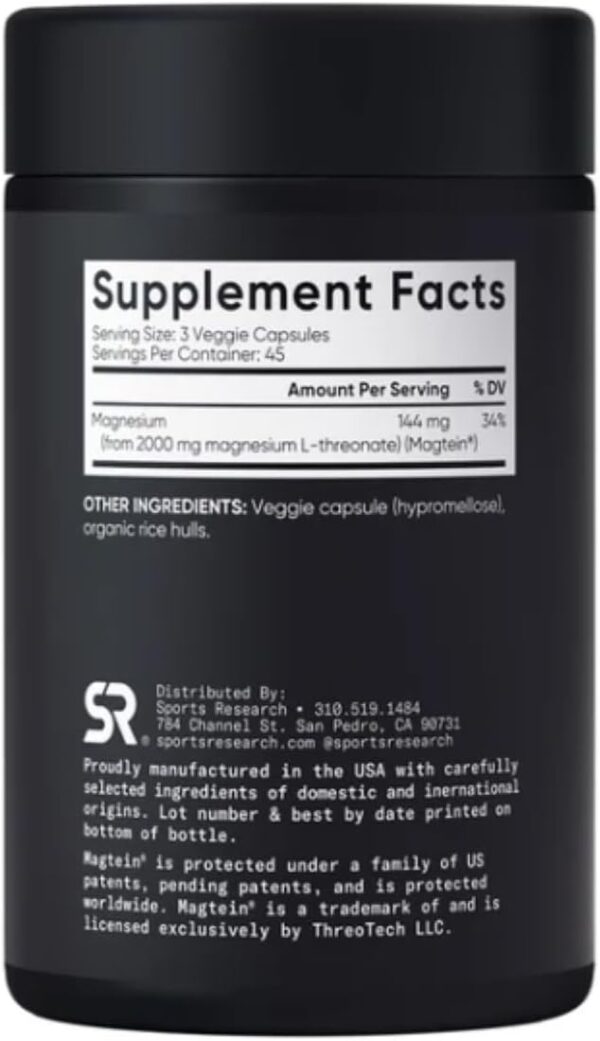 SPORTS RESEARCH Magtein Magnesium L- Threonate Advanced (2000 MG Magnesium L-Threonate 144 MG Elemental Magnesium Per Serving) 135 Veggie CapsulesPlus Bonus 2 Sugar Free White Peach Hydration Sticks