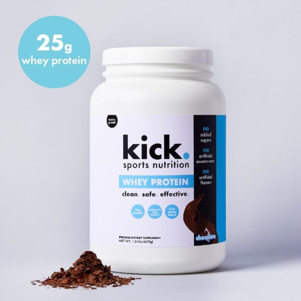 Kick Whey Protein Powder, Chocolate Flavor, 25 G Protein Gluten Free Workout Supplement with Amino Acids to Support Fitness Goals & Gut Health, No Added Sugar, No Artificial Flavor, 16 Servings