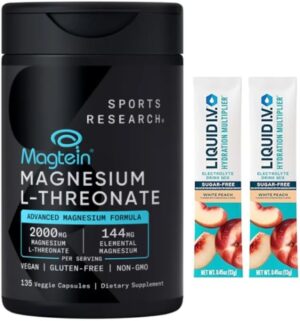 SPORTS RESEARCH Magtein Magnesium L- Threonate Advanced (2000 MG Magnesium L-Threonate 144 MG Elemental Magnesium Per Serving) 135 Veggie CapsulesPlus Bonus 2 Sugar Free White Peach Hydration Sticks