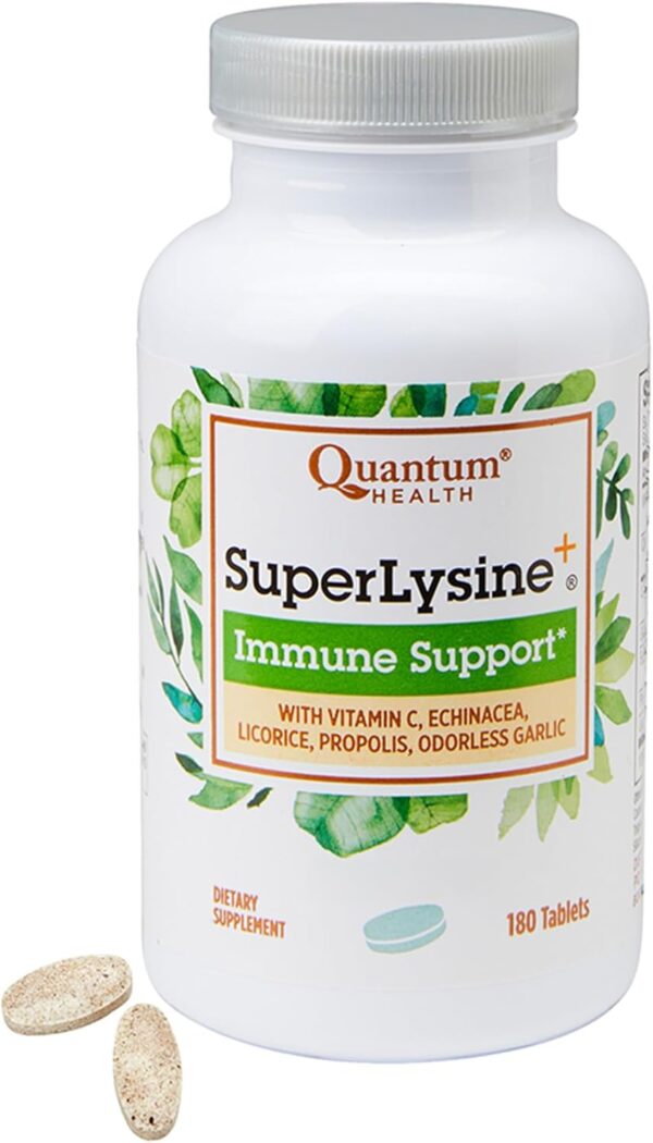 Quantum Health Super Lysine+ / Advanced Formula Lysine+ Immune Support with Vitamin C, Echinacea, Licorice, Propolis, Odorless Garlic (180 Tablets), Packaging may vary