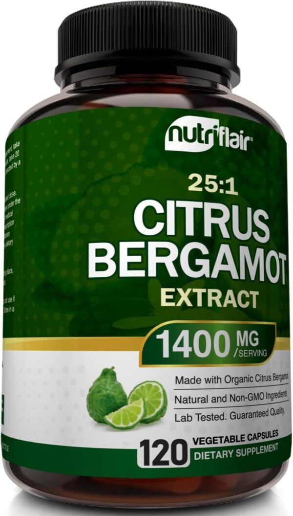 NutriFlair Organic Citrus Bergamot 1400mg, 120 Capsules - 25:1 Citrus Bergamia - Essential Oil and Citrus Bioflavonoids - Natural Heart Health Supplements for Women and Men - Non-GMO Pills