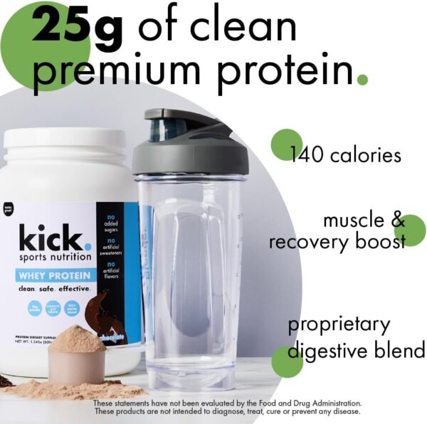 Kick Whey Protein Powder, Chocolate Flavor, 25 G Protein Gluten Free Workout Supplement with Amino Acids to Support Fitness Goals & Gut Health, No Added Sugar, No Artificial Flavor, 16 Servings