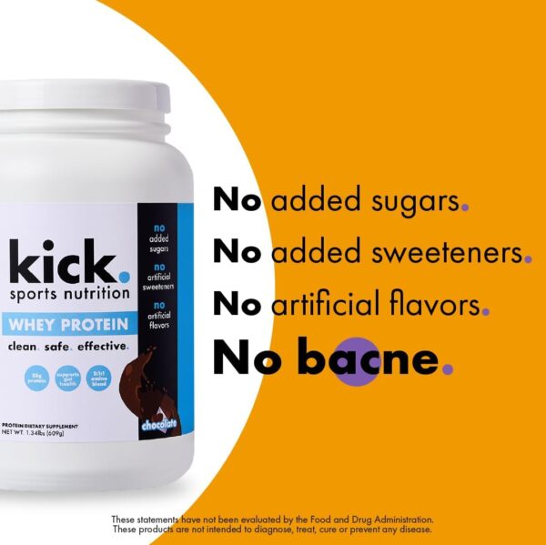 Kick Whey Protein Powder, Chocolate Flavor, 25 G Protein Gluten Free Workout Supplement with Amino Acids to Support Fitness Goals & Gut Health, No Added Sugar, No Artificial Flavor, 16 Servings