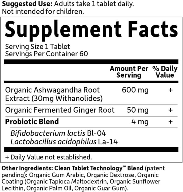 Garden of Life Organics Ashwagandha Stress, Mood & Energy Support Supplement with Probiotics & Ginger Root for Digestion - Vegan, Gluten Free, Non GMO – 2 Month Supply, 60 Tablets