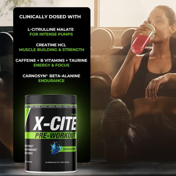 X-CITE Pre-Workout by ATHLEAN-X - Enhanced Formula with Beta-Alanine, Creatine & Caffeine for Ultimate Energy, Endurance, Focus & Muscle Pump, NSF Certified (22 Servings, Sour Blue Raspberry)