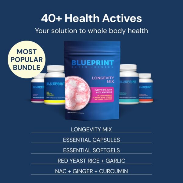 Blueprint Bryan Johnson Longevity Mix - Muscle Builder & Recovery Supplement - Promotes Focus and Balanced Mood - Creatine, L-Theanine- Vegan, Keto Friendly (30 Servings (Pack of 1), Blood Orange)
