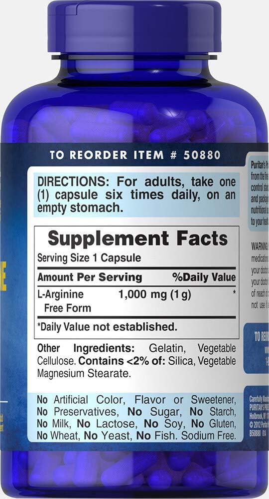 Puritan's Pride L-arginine 1000 Mg Capsules, 100 Count, White, (4332490165)