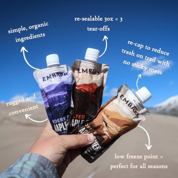 Embark Maple Syrup Energy Gel, 6-Pack of 3oz Resealable Pouches, Natural Sports Nutrition, Certified Organic, Vegan, Gluten Free, for Athletes, Adventurers & Foodies, Salted Maple