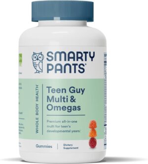 SmartyPants Teen Guy Formula, Daily Multivitamin Gummies: Vitamins C, B12, K, Zinc, & Biotin for Immune Support, Energy, Skin & Hair Support, Assorted Fruit Flavor, 120 Gummies (30 Day Supply)