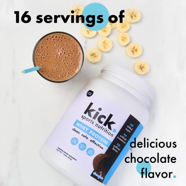 Kick Whey Protein Powder, Chocolate Flavor, 25 G Protein Gluten Free Workout Supplement with Amino Acids to Support Fitness Goals & Gut Health, No Added Sugar, No Artificial Flavor, 16 Servings