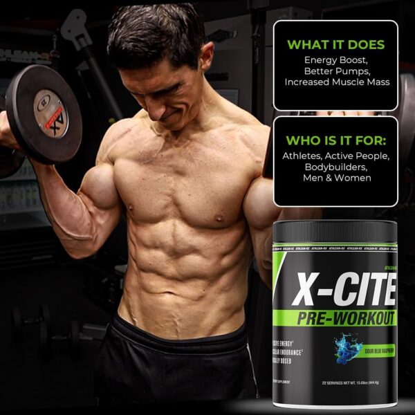 X-CITE Pre-Workout by ATHLEAN-X - Enhanced Formula with Beta-Alanine, Creatine & Caffeine for Ultimate Energy, Endurance, Focus & Muscle Pump, NSF Certified (22 Servings, Sour Blue Raspberry)