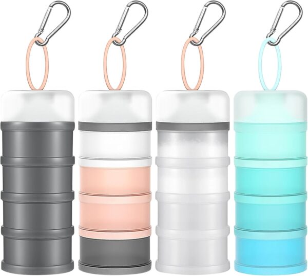 4 Pcs Protein Powder Container with Funnels Stand, 4 Stackable Protein Powder Dispenser with 4 Portable Keychain Supplement Container & Dispenser for Workout, Fitness, Travel (4 Color)
