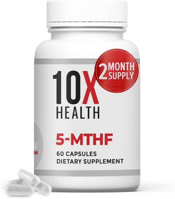 10X Health 5 MTHF Supplement - Methylated Multivitamin with Methylfolate & Magnesium for Brain, Heart Health, DNA & Neurotransmitter Synthesis - Bioavailable 5-MTHF Supplement - 60 Capsules