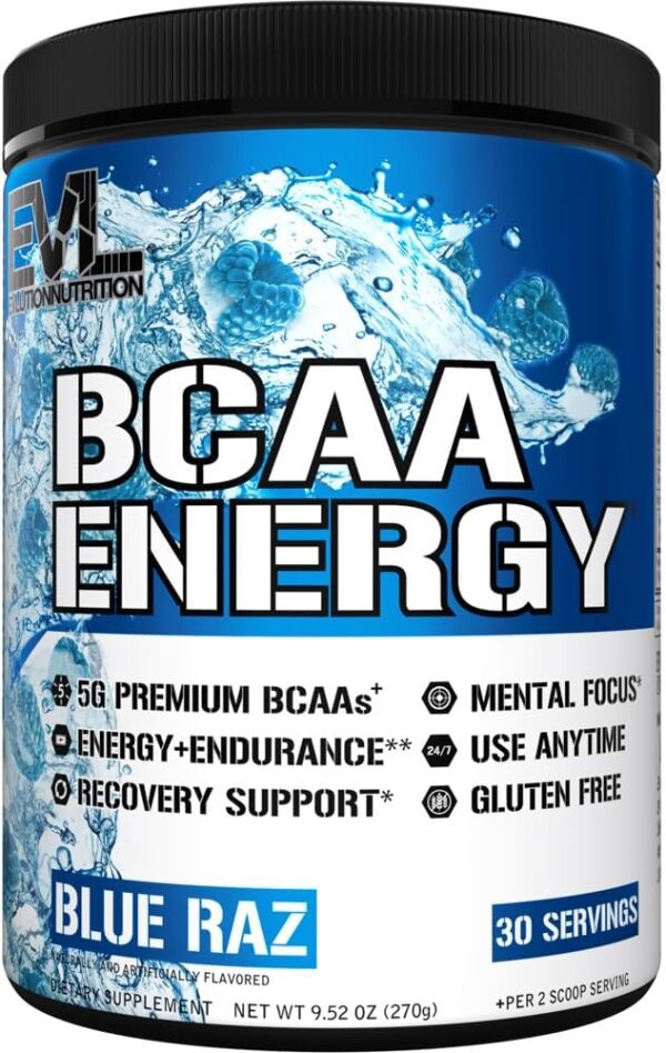 EVL BCAAs Amino Acids Powder - BCAA Energy Pre Workout Powder for Muscle Recovery Lean Growth and Endurance - Rehydrating Post Workout Recovery Drink with Natural Caffeine - Blue Raz