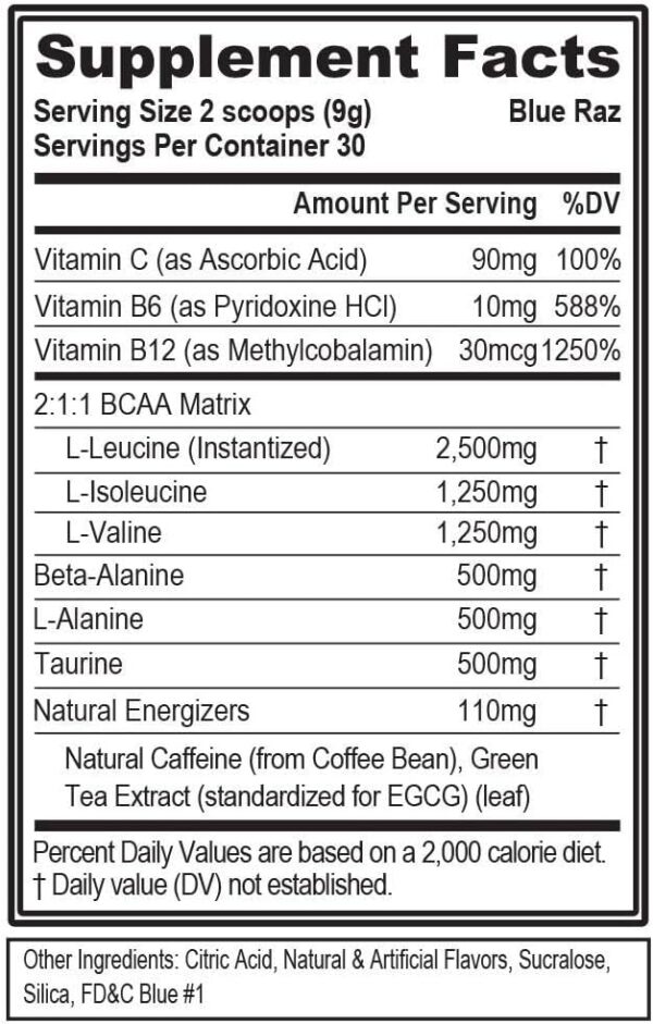 EVL BCAAs Amino Acids Powder - BCAA Energy Pre Workout Powder for Muscle Recovery Lean Growth and Endurance - Rehydrating Post Workout Recovery Drink with Natural Caffeine - Blue Raz