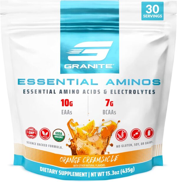 Granite Essential Amino Acids Powder for Muscle Recovery and Growth with 10g EAAs and 7g BCAAs - Soy-Free, Gluten-Free, 448g (30 Servings), Orange Creamsicle Flavor