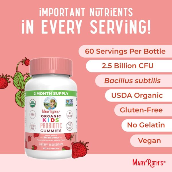 MaryRuth Organics Kids Probiotics for Digestive Health | USDA Organic Probiotic Gummies | Probiotics for Kids | Immune Support | Gut Health Supplement | Vegan | Non-GMO | Gluten Free | 60 Count