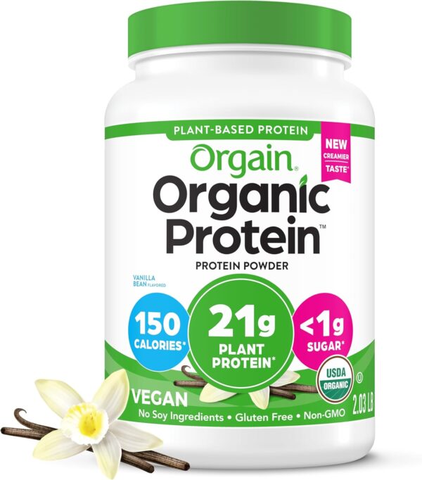 Orgain Organic Vegan Protein Powder, Vanilla Bean - 21g Plant Protein, 6g Prebiotic Fiber, No Lactose Ingredients, No Added Sugar, Non-GMO, For Shakes & Smoothies, 2.03 lb (Packaging May Vary)