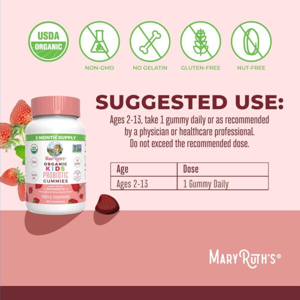 MaryRuth Organics Kids Probiotics for Digestive Health | USDA Organic Probiotic Gummies | Probiotics for Kids | Immune Support | Gut Health Supplement | Vegan | Non-GMO | Gluten Free | 60 Count