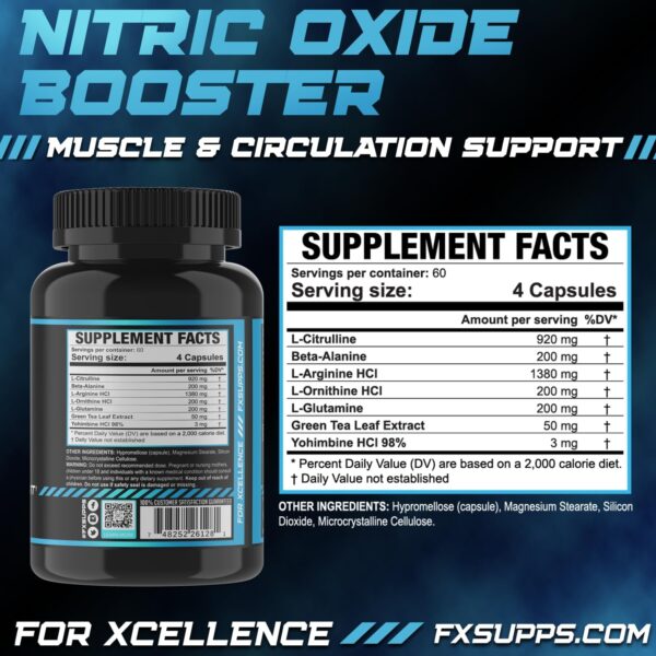 FX SUPPS Nitric Oxide Booster | Bodybuilding Pre Workout Pills for Men and Women (2 Pack of 240 Capsules) Boost Energy Pump & Vascularity | Muscle Builder Supplement with Arginine, Best for Athletes