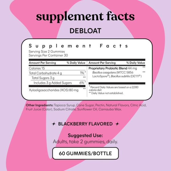 Lemme Debloat - Digestive & Gut Health Gummies with 2 Clinically Studied Probiotics & Prebiotic, Vegetarian, Gluten Free, Non GMO, BlackBerry Flavor (60 Count)