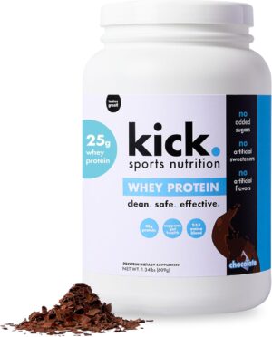 Kick Whey Protein Powder, Chocolate Flavor, 25 G Protein Gluten Free Workout Supplement with Amino Acids to Support Fitness Goals & Gut Health, No Added Sugar, No Artificial Flavor, 16 Servings