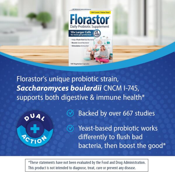 Florastor Probiotics for Digestive and Immune Health, 100 Capsules, Probiotics for Women & Men, Helps Flush Out Bad Bacteria, Boosts The Good with Our Unique Strain Saccharomyces Boulardii