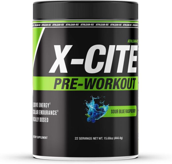 X-CITE Pre-Workout by ATHLEAN-X - Enhanced Formula with Beta-Alanine, Creatine & Caffeine for Ultimate Energy, Endurance, Focus & Muscle Pump, NSF Certified (22 Servings, Sour Blue Raspberry)