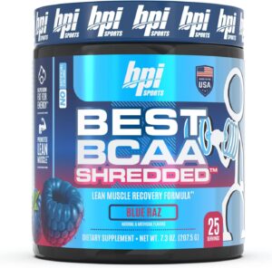 BPI Sports Best BCAA Shredded Caffeine-Free Thermogenic Recovery Formula BCAA Powder Lean Muscle Building Accelerated Recovery - Hydration - Blue Raspberry- 25 Servings - 9.7 Ounce