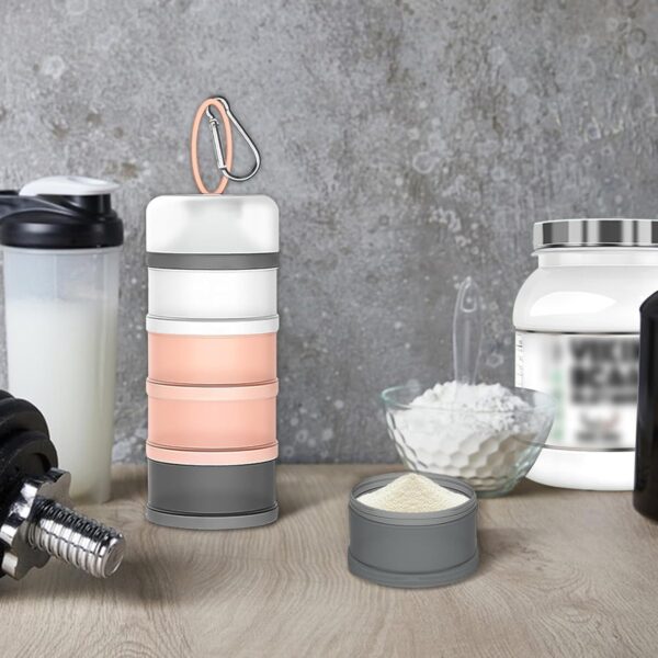 4 Pcs Protein Powder Container with Funnels Stand, 4 Stackable Protein Powder Dispenser with 4 Portable Keychain Supplement Container & Dispenser for Workout, Fitness, Travel (4 Color)