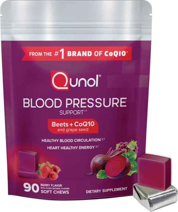 Qunol Beets Chews for Blood Pressure Support, 3 in 1 Beets + CoQ10 + Grape Seed Extract, Supports Healthy Blood Circulation & Heart Healthy Energy, 90 Chews