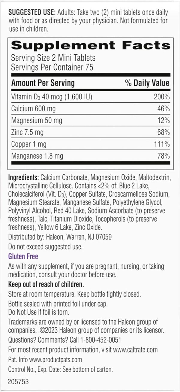 Caltrate Minis 600 Plus D3 Plus Minerals Calcium and Vitamin D Supplement Tablets, Bone Health and Mineral Supplement for Adults - 150 Count