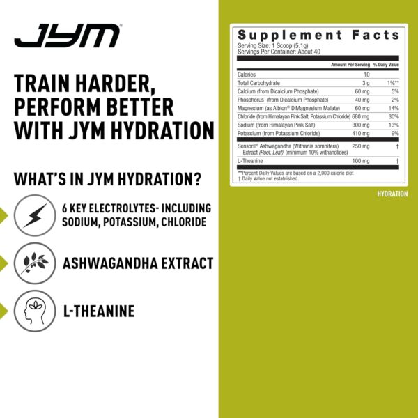JYM Hydration Lemon Lime Powder, Performance Electrolytes, Potassium, Sodium, Magnesium, for Men & Women, Theanine, Ashwaghanda, Theanine, 40 Servings