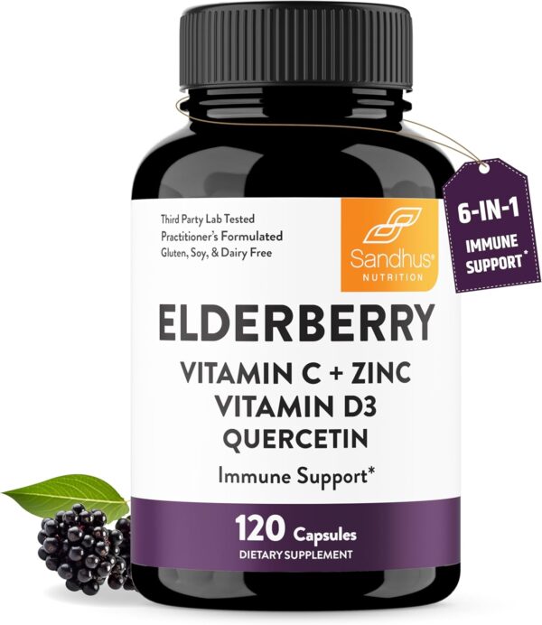 Sandhu's Elderberry Vitamin C & Zinc with Quercetin Capsules for Men & Women | Supports Immune Health | 120 Count (Pack of 1)