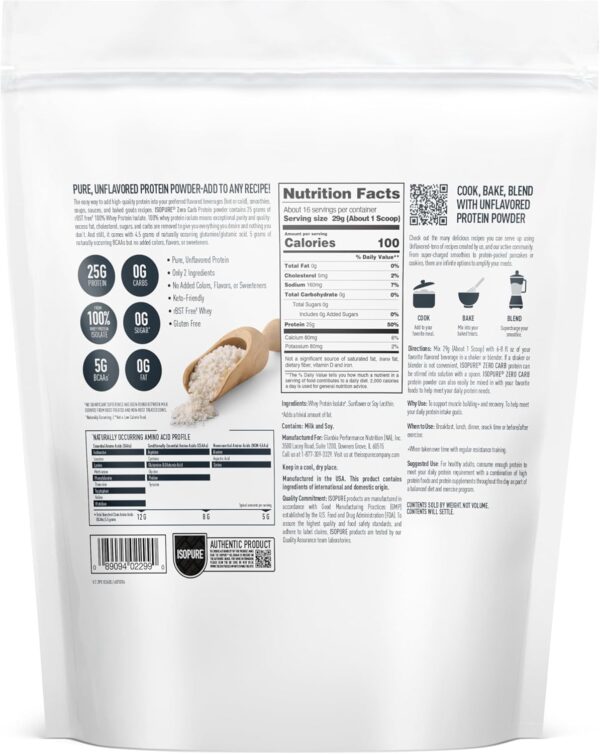Isopure Zero Carb 100% Pure Whey Isolate Protein Powder, Lactose Free, Gluten Free, With Vitamins, Unflavored, 25g Protein Per Serving, 1 Lb, 16 Servings (Packaging May Vary)
