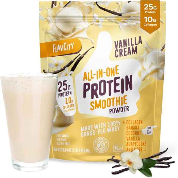 FlavCity Grass Fed Whey Protein Powder - Vanilla Smoothie - 25g Protein & 10g Collagen - Made With Real Vanilla Bean & Organic Coconut Milk - Gluten Free & No Added Sugars (20 Servings)