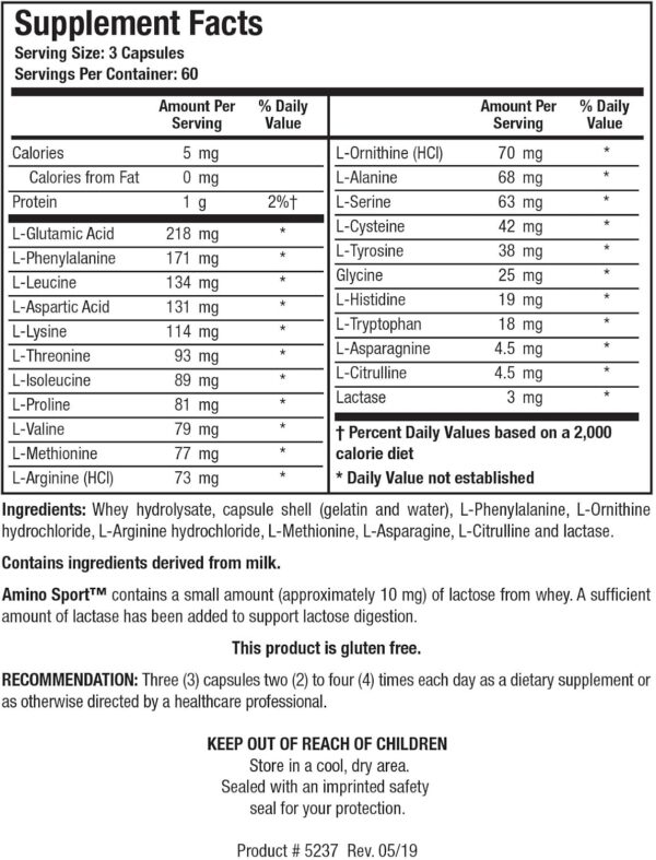 Biotics Research Amino Sport Broad Spectrum Amino Acids, Essential Amino Acids, BCAAs, Sports Recovery, Support Lean Muscle Mass 180 Capsules