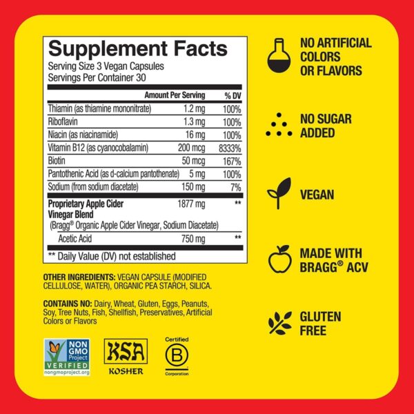 Bragg Energy Apple Cider Vinegar Capsules with B-12 Vitamins - 90 Capsules - Weight Management - Non-GMO, Vegan, Gluten Free, No Sugar - Helps Generate Energy at Cellular Level for Men and Women
